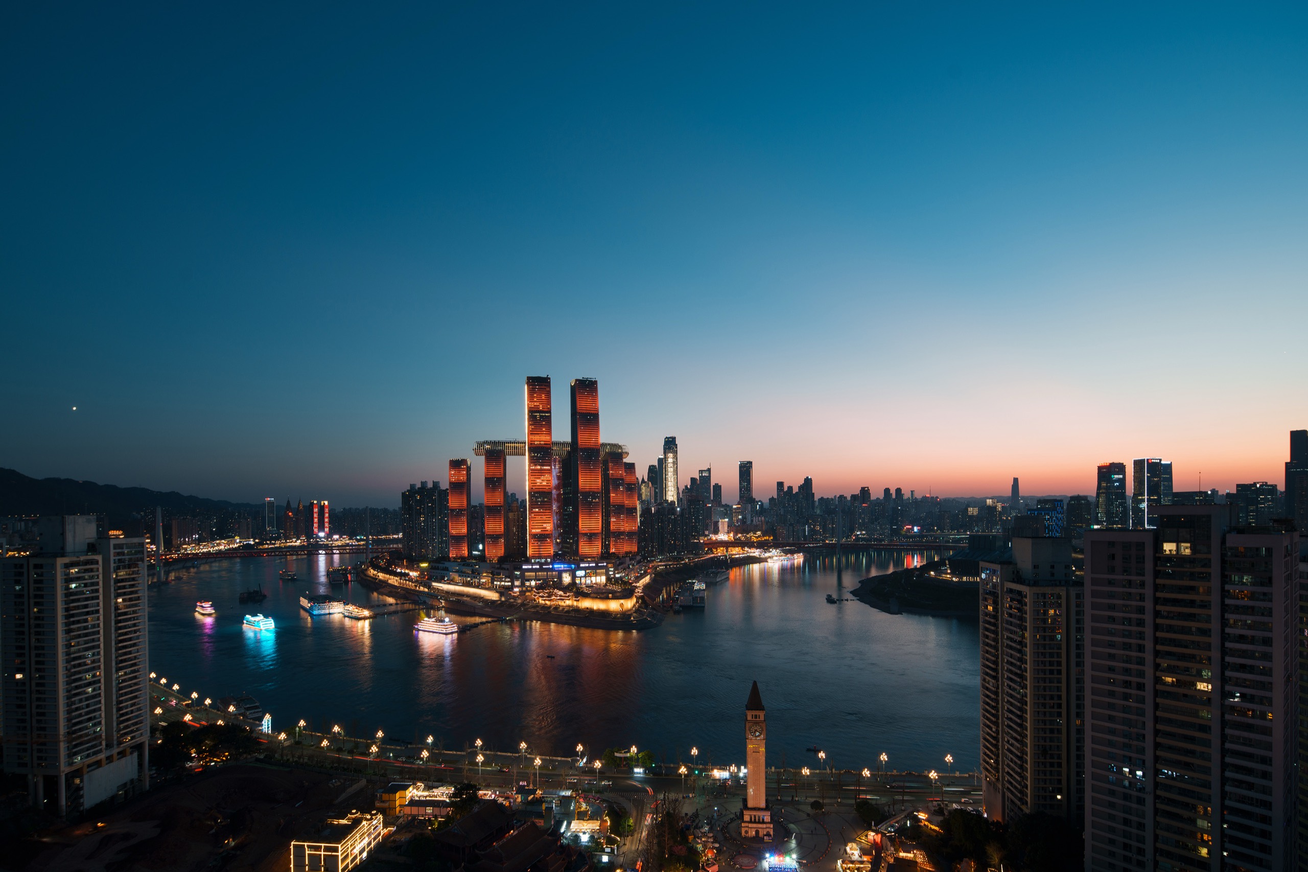 Raffles City and the two rivers at night