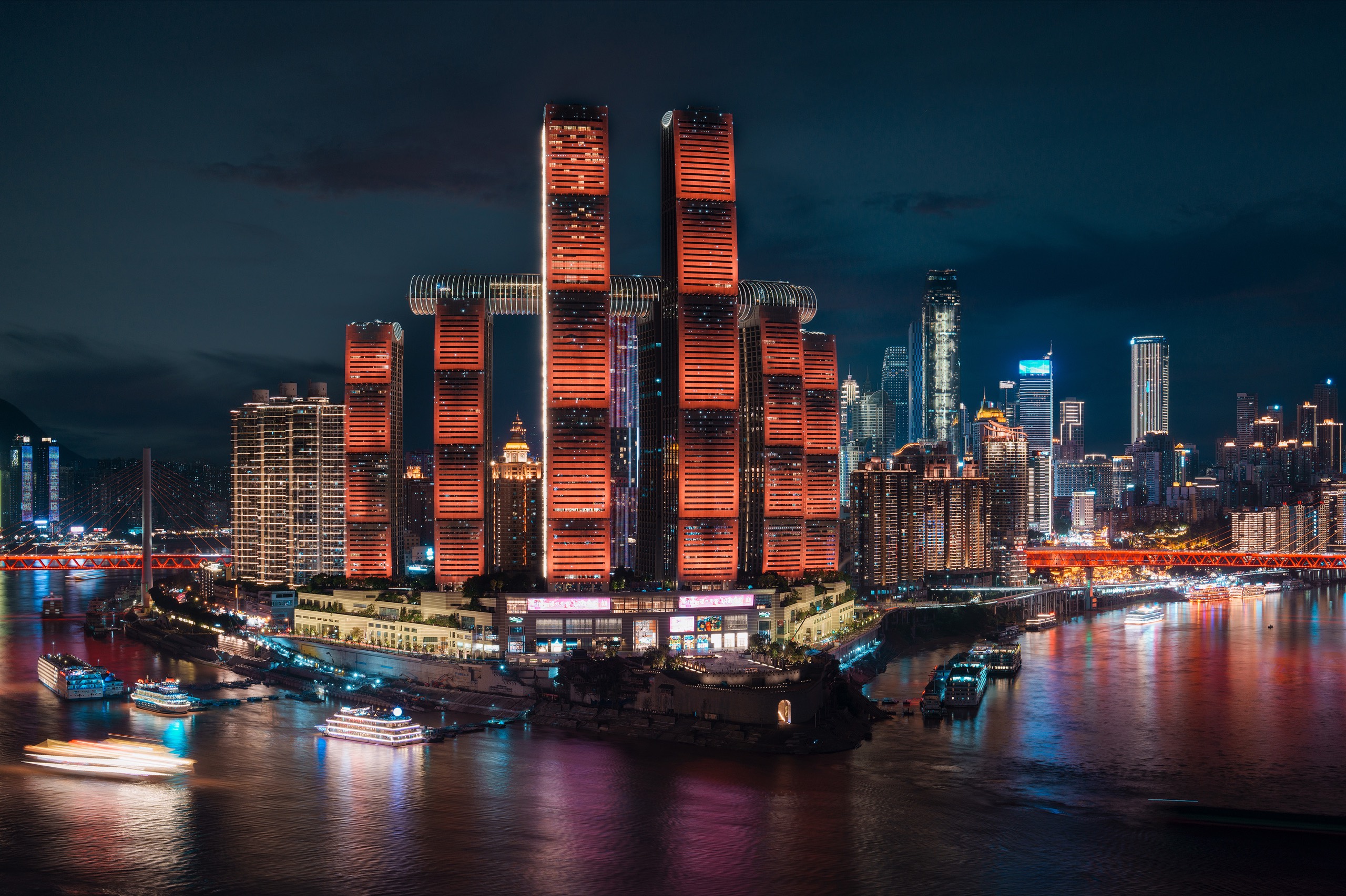 Night panorama of the two rivers of Chongqing
