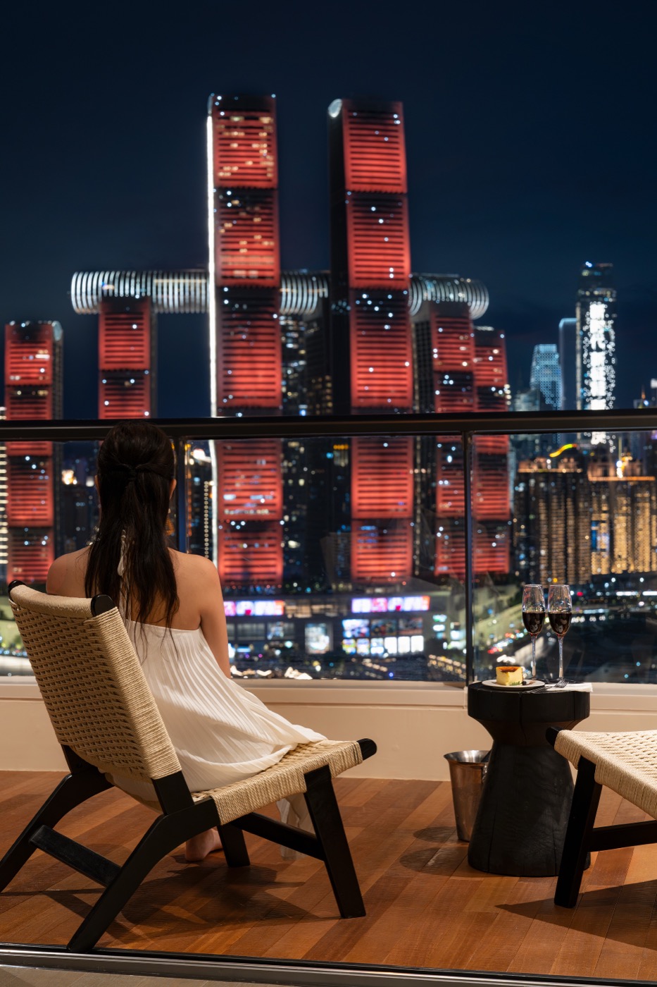 Watching the Raffles City light show from the terrace