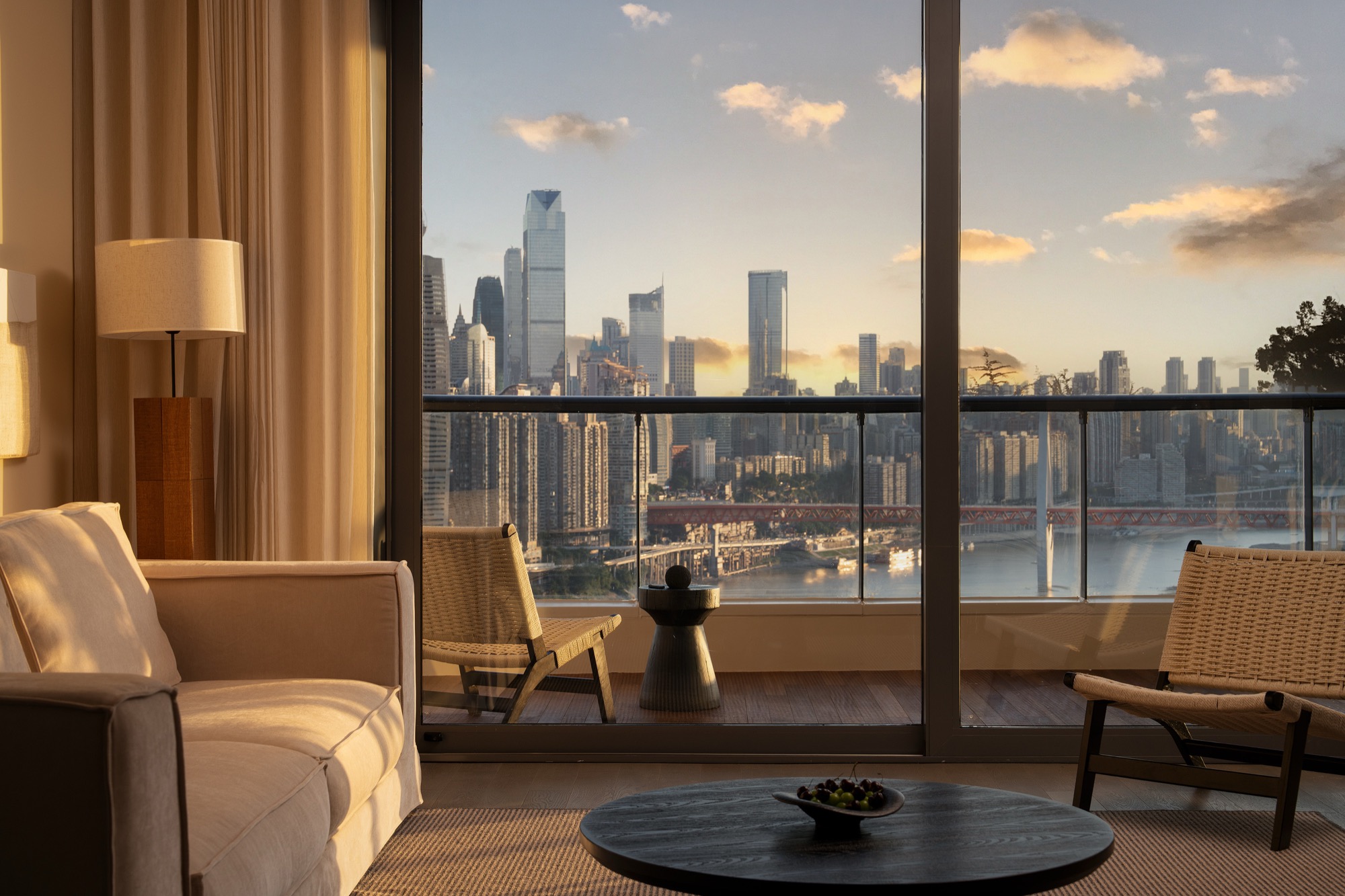 Suite living room with Chongqing sunset river view